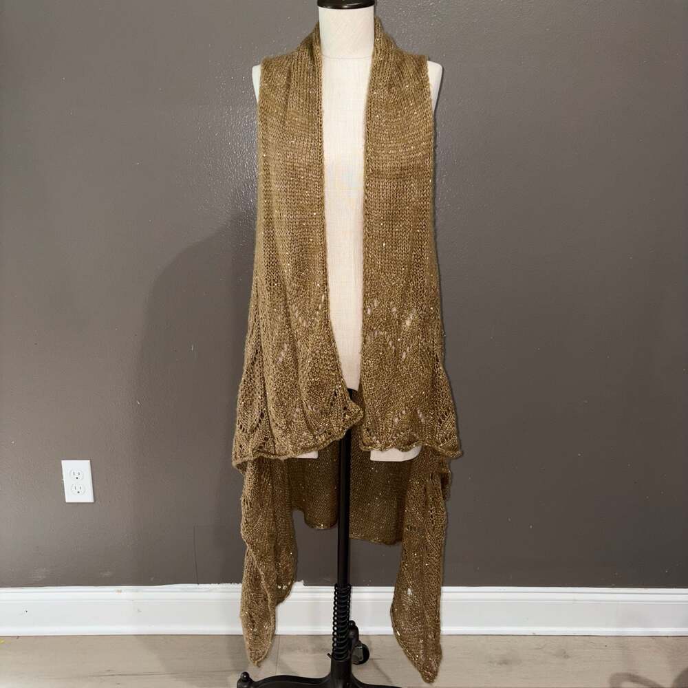 Y2k Gold Sequin Knit Open Front Sleeveless Duster Vest